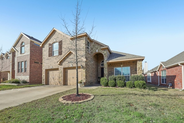 view of front of home featuring a front yard and a garage