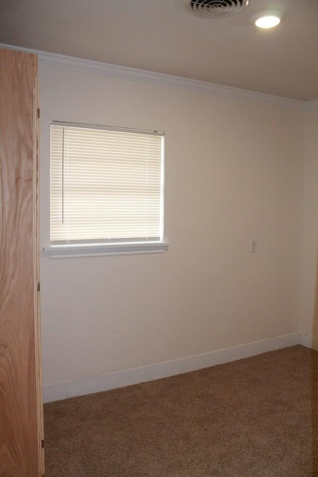 unfurnished room with crown molding and carpet floors