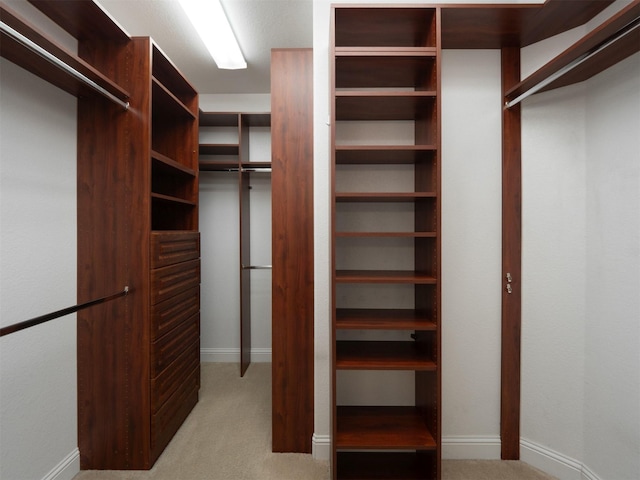 walk in closet featuring light colored carpet