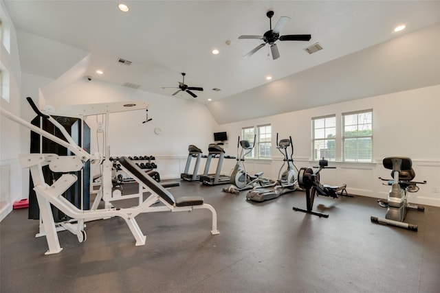 gym with vaulted ceiling and ceiling fan