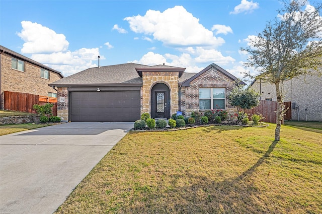 view of front of home featuring a front yard and a garage