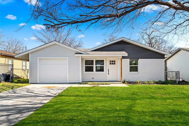 ranch-style home with a garage and a front yard