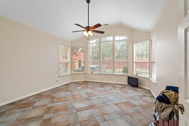 interior space with high vaulted ceiling, ceiling fan, and ornamental molding