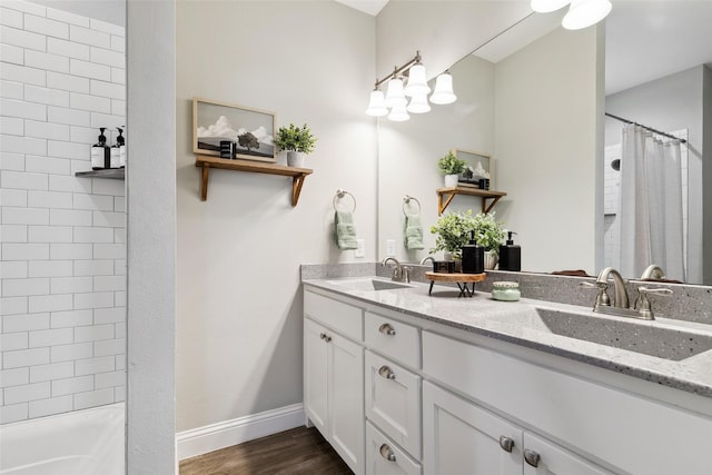 bathroom with wood-type flooring and vanity