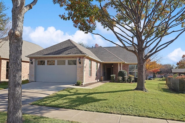 ranch-style house with a garage and a front lawn