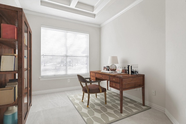 carpeted home office with a raised ceiling and crown molding