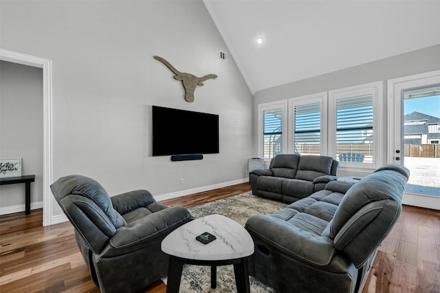 living room featuring high vaulted ceiling and hardwood / wood-style floors