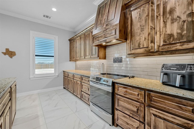 kitchen with electric stove, crown molding, light stone countertops, and tasteful backsplash