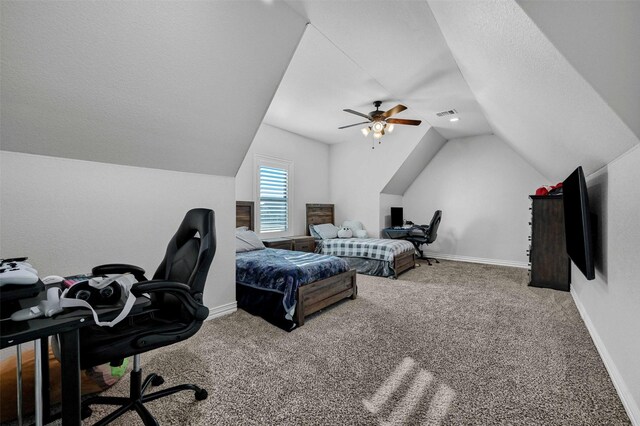 carpeted bedroom featuring ceiling fan and lofted ceiling