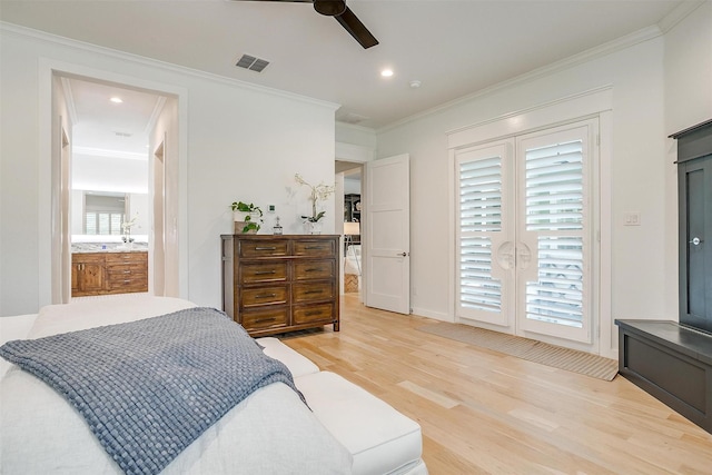 bedroom featuring light wood-type flooring, ensuite bathroom, ornamental molding, access to outside, and ceiling fan