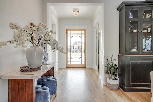 foyer entrance featuring light hardwood / wood-style flooring and ornamental molding