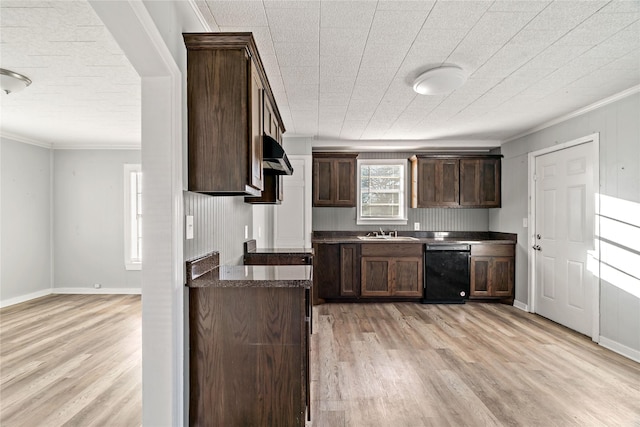 kitchen featuring dishwasher, sink, light hardwood / wood-style flooring, ornamental molding, and dark brown cabinetry