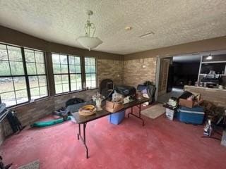 misc room with carpet flooring and a textured ceiling