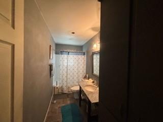 bathroom with vanity, toilet, and walk in shower