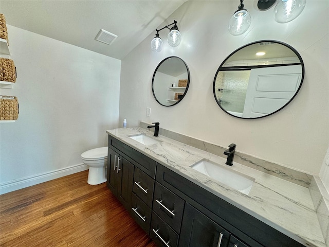 bathroom featuring vanity, toilet, and wood-type flooring