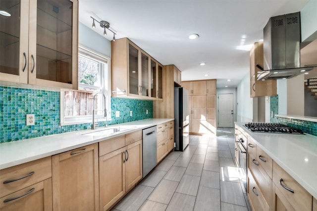 kitchen with sink, stainless steel appliances, decorative backsplash, exhaust hood, and light brown cabinets