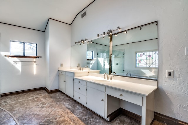 bathroom featuring vanity and a shower with shower door