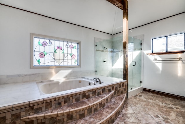 bathroom featuring tile patterned floors and plus walk in shower