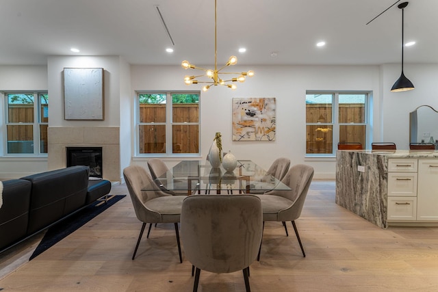 dining room with a wealth of natural light, light wood-type flooring, and a tile fireplace