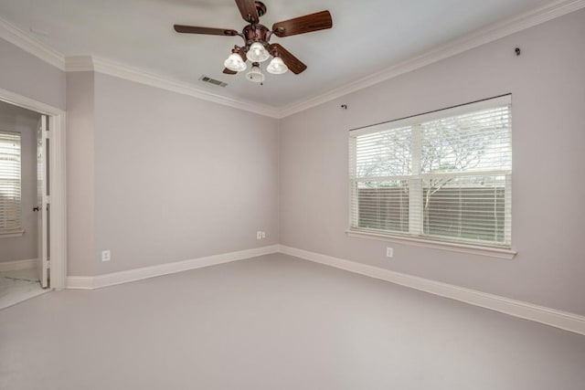 unfurnished room with ceiling fan and ornamental molding