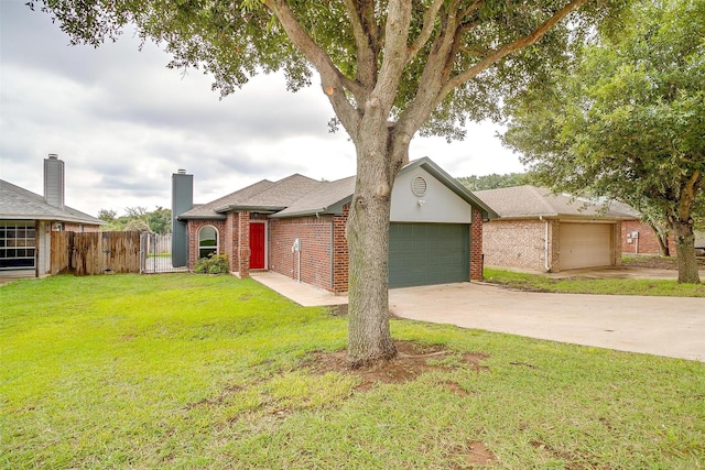 ranch-style house featuring a garage and a front lawn