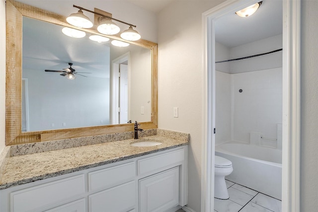 full bathroom featuring shower / bathing tub combination, vanity, tile patterned flooring, ceiling fan, and toilet