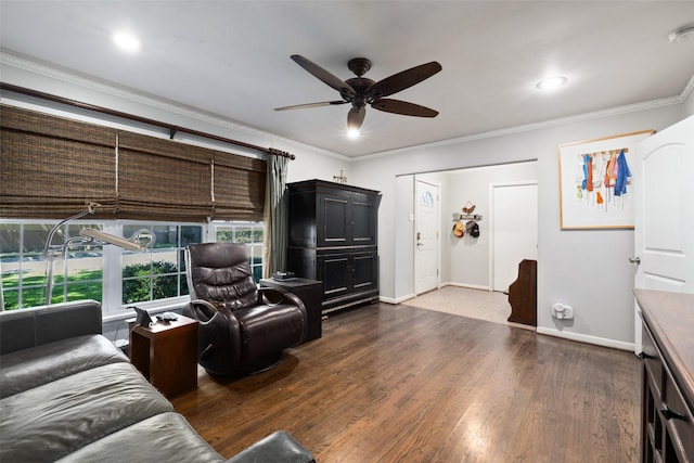 living room with ceiling fan, dark hardwood / wood-style floors, and ornamental molding