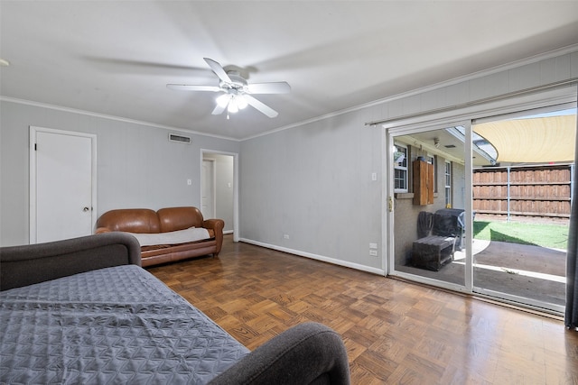 bedroom featuring access to exterior, ceiling fan, dark parquet flooring, and ornamental molding