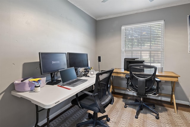 office featuring hardwood / wood-style flooring and ornamental molding