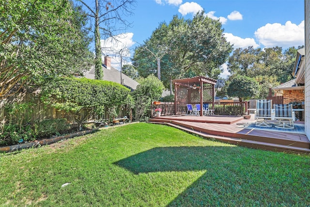 view of yard featuring a pergola and a wooden deck