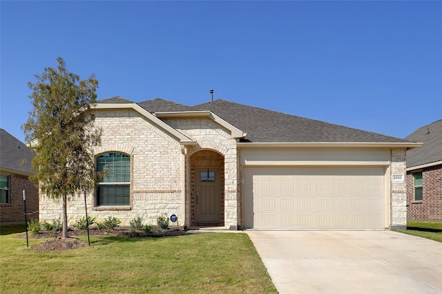 french country style house with a garage, a shingled roof, concrete driveway, and a front yard