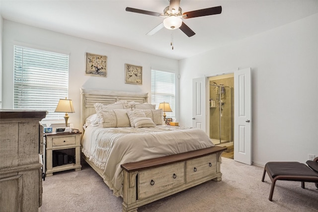 bedroom featuring light colored carpet and ceiling fan