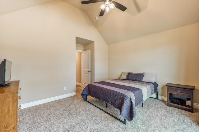 bedroom featuring carpet, ceiling fan, and lofted ceiling