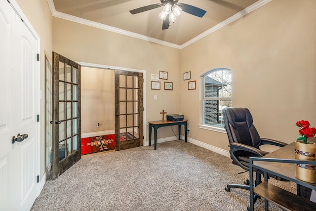 office area featuring french doors, carpet floors, ceiling fan, and crown molding