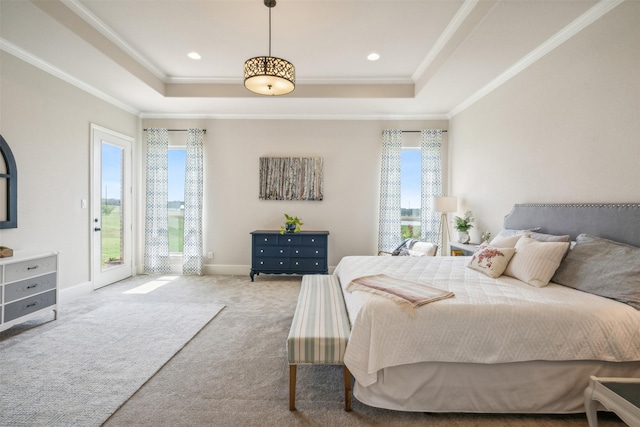 bedroom featuring access to exterior, carpet floors, a tray ceiling, and crown molding