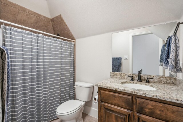 carpeted bedroom featuring ceiling fan and lofted ceiling