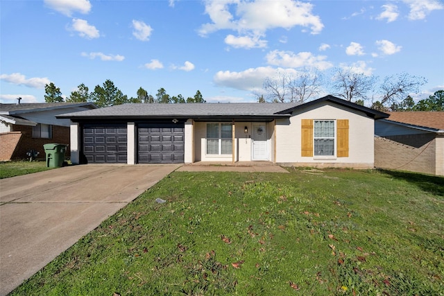 single story home with a garage and a front yard