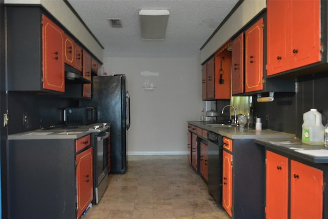 kitchen featuring extractor fan, sink, black appliances, and a textured ceiling