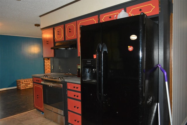 kitchen featuring black fridge and stainless steel electric range oven