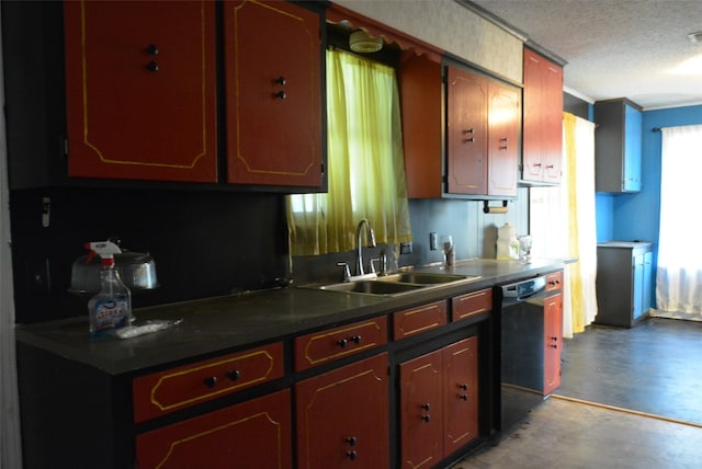 kitchen featuring a textured ceiling, black dishwasher, and sink