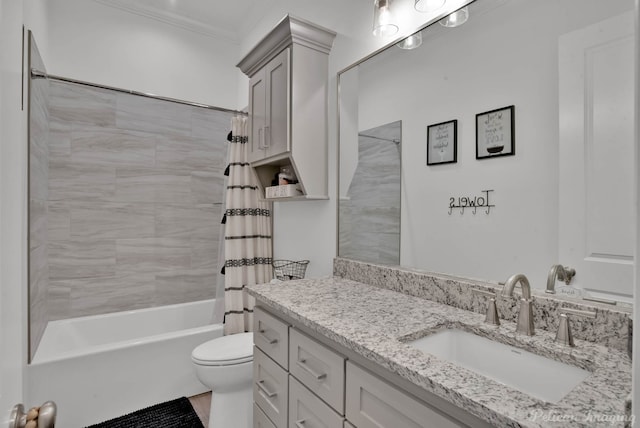 full bathroom with ornamental molding, vanity, toilet, and shower / bath combo with shower curtain