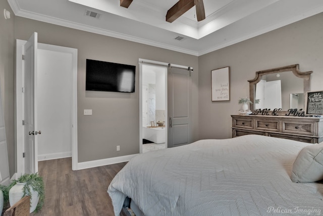 bedroom with hardwood / wood-style floors, ornamental molding, ceiling fan, a barn door, and ensuite bath