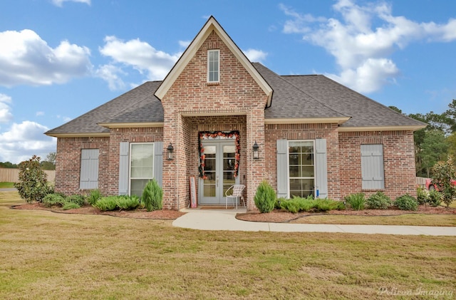 view of front of home with a front lawn and french doors