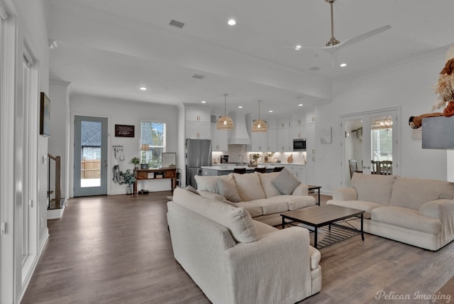 living room with wood-type flooring, sink, and ceiling fan