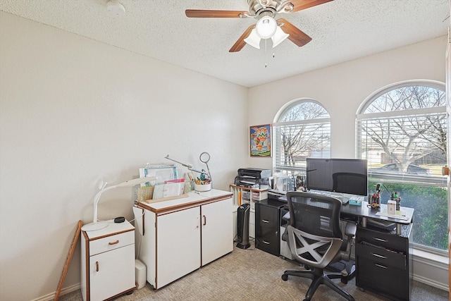 office with light colored carpet, a textured ceiling, and a wealth of natural light