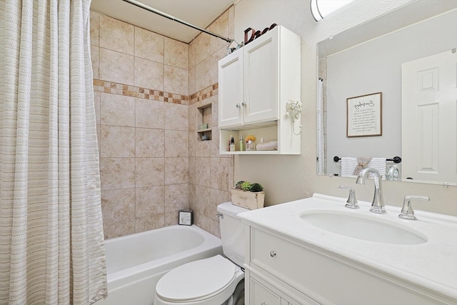 full bathroom with vanity, toilet, and shower / bathtub combination with curtain