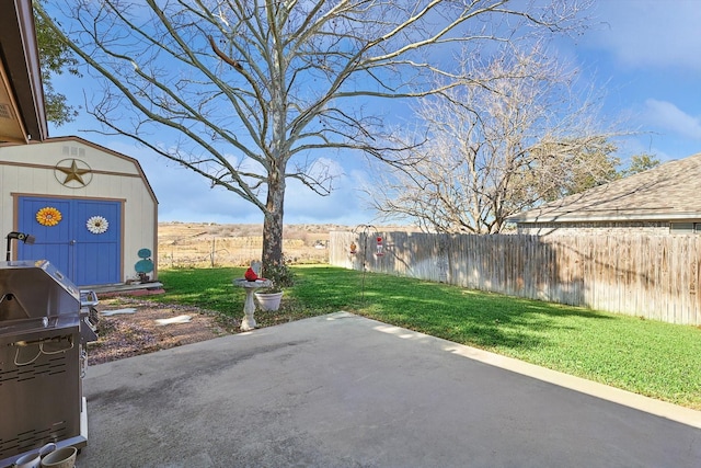 view of patio / terrace featuring grilling area and a storage unit