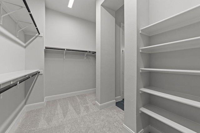 walk in closet with light carpet