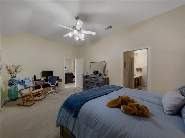 bedroom with lofted ceiling, light carpet, and ceiling fan