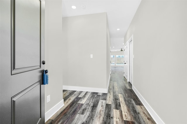 corridor featuring dark wood-type flooring